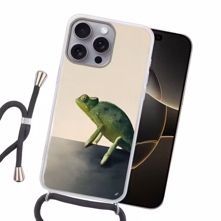 Kameleon - Groen - Minimalistisch Hoesje iPhone 16 Pro Max met koord klein -sfeer1