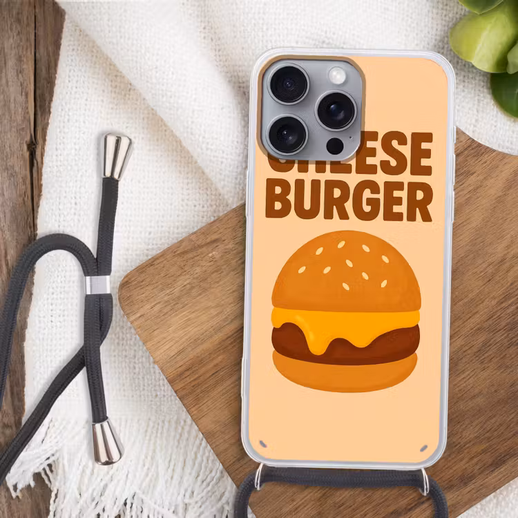 Cheeseburger - Minimalistisch - Geel Hoesje iPhone 16 Pro Max met koord klein -sfeer4