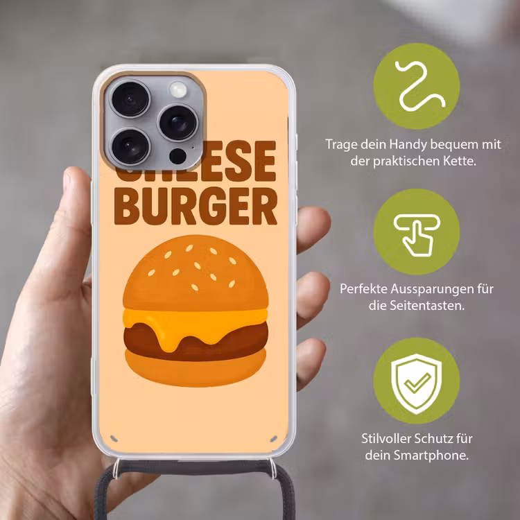 Cheeseburger - Minimalistisch - Geel Hoesje iPhone 16 Pro Max met koord klein -sfeer2_DE