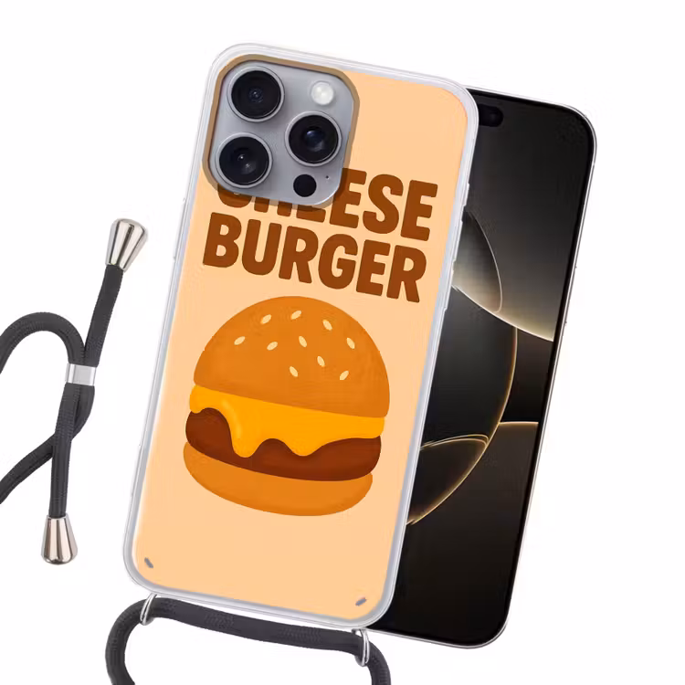 Cheeseburger - Minimalistisch - Geel Hoesje iPhone 16 Pro Max met koord klein -sfeer1