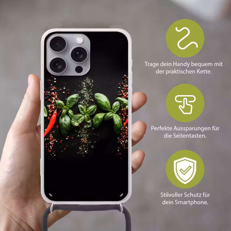 Chilipepers - Basilicum - Blaadjes - Rood Hoesje iPhone 16 Pro Max met koord klein -sfeer2_DE