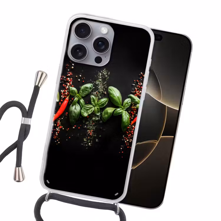 Chilipepers - Basilicum - Blaadjes - Rood Hoesje iPhone 16 Pro Max met koord klein -sfeer1