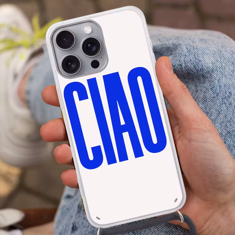 Ciao - Hoofdletters - Blauw - Minimalistisch Hoesje iPhone 16 Pro Max met koord klein -sfeer3