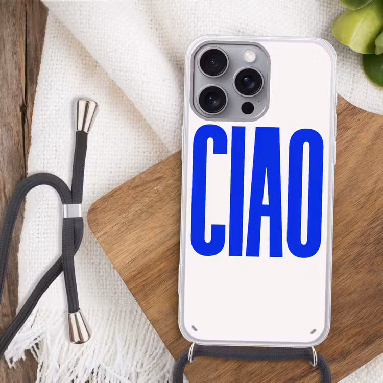 Ciao - Hoofdletters - Blauw - Minimalistisch Hoesje iPhone 16 Pro Max met koord klein -sfeer4
