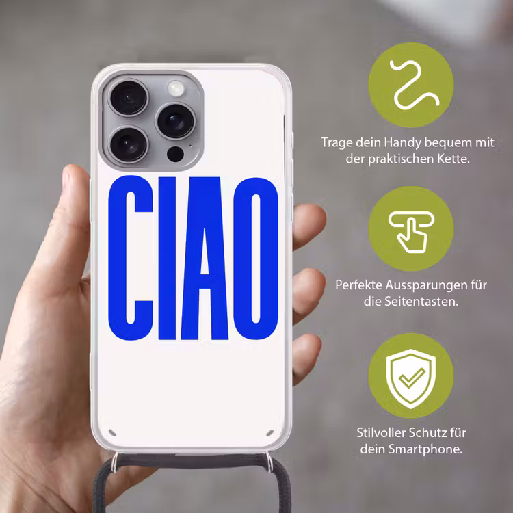 Ciao - Hoofdletters - Blauw - Minimalistisch Hoesje iPhone 16 Pro Max met koord klein -sfeer2_DE