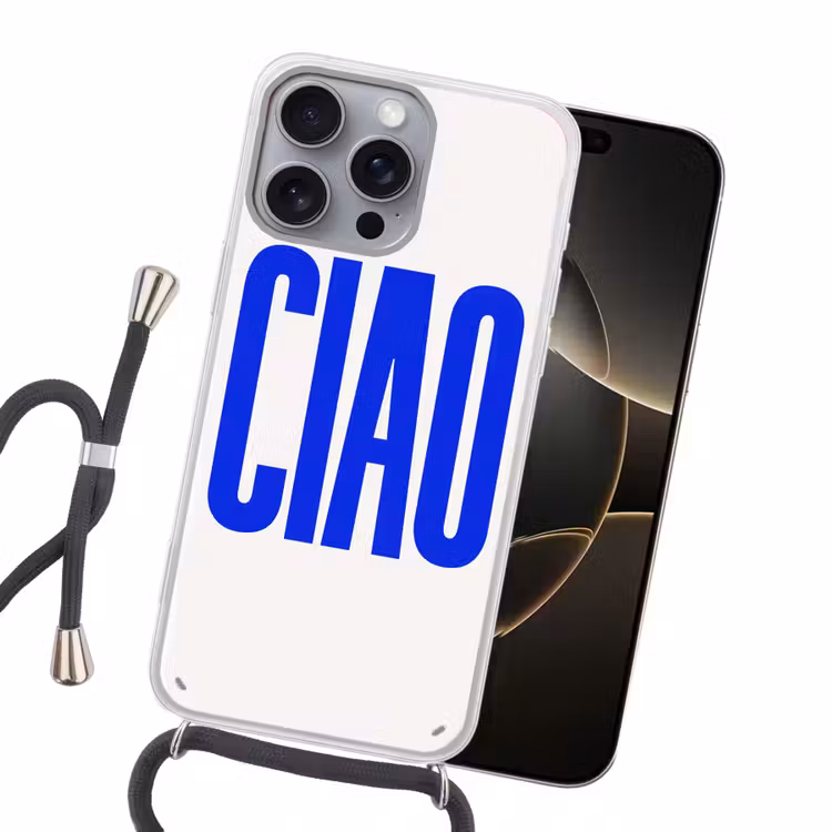 Ciao - Hoofdletters - Blauw - Minimalistisch Hoesje iPhone 16 Pro Max met koord klein -sfeer1