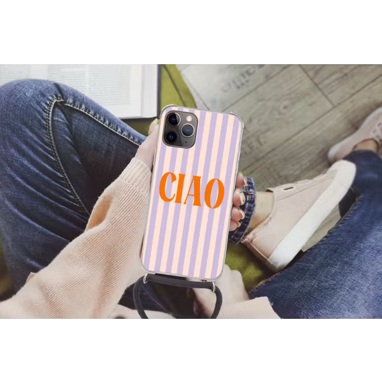 Ciao - Quote - Pastel - Strepen Hoesje iPhone 12 Pro met koord klein -hand