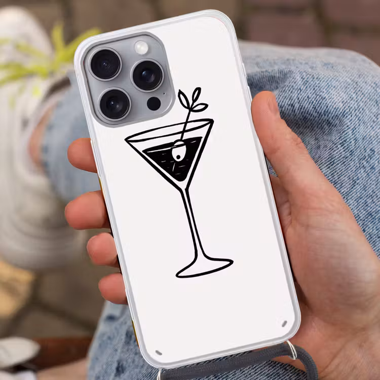 Cocktail - Glas - Olijf - Minimalistisch Hoesje iPhone 16 Pro Max met koord klein -sfeer3