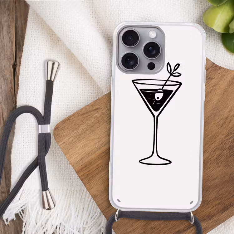 Cocktail - Glas - Olijf - Minimalistisch Hoesje iPhone 16 Pro Max met koord klein -sfeer4