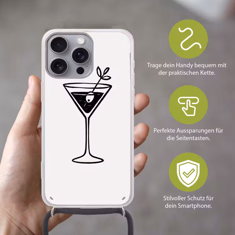 Cocktail - Glas - Olijf - Minimalistisch Hoesje iPhone 16 Pro Max met koord klein -sfeer2_DE