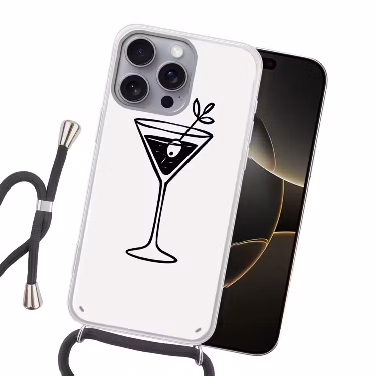 Cocktail - Glas - Olijf - Minimalistisch Hoesje iPhone 16 Pro Max met koord klein -sfeer1