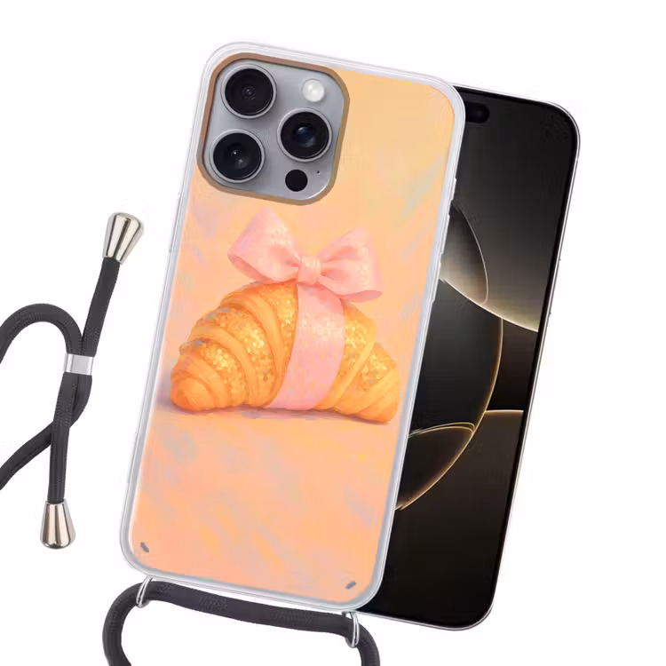 Croissant - Strik - Roze Hoesje iPhone 16 Pro Max met koord klein -sfeer1