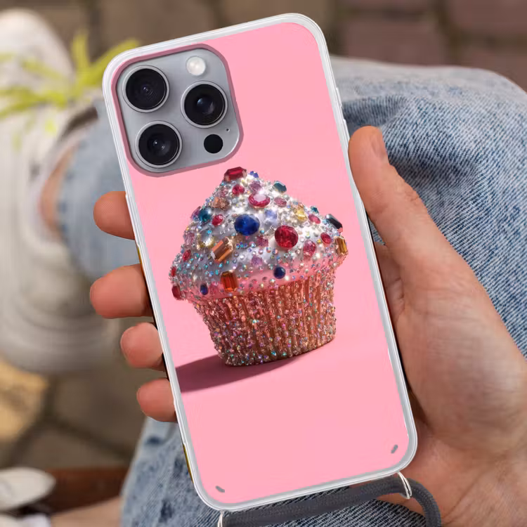 Cupcake - Kleurrijk - Edelstenen Hoesje iPhone 16 Pro Max met koord klein -sfeer3