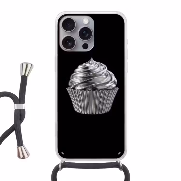 Cupcake - Luxueus - Zilver Hoesje iPhone 16 Pro Max met koord klein -3d