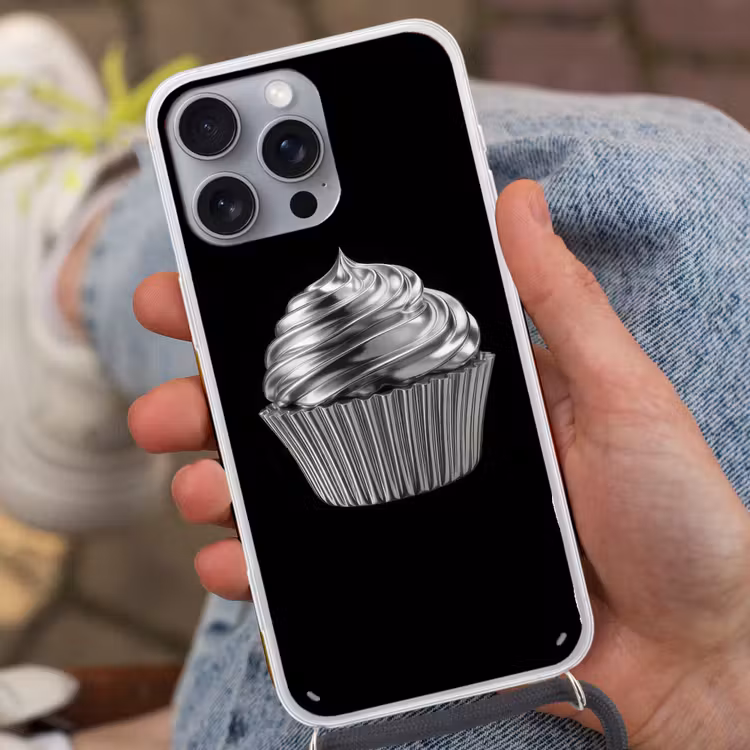 Cupcake - Luxueus - Zilver Hoesje iPhone 16 Pro Max met koord klein -sfeer3