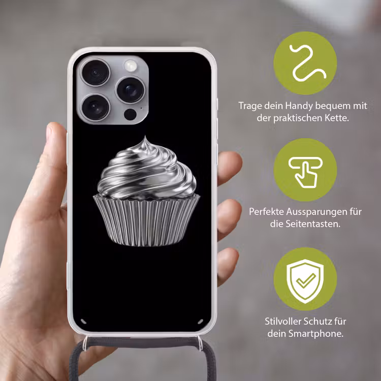 Cupcake - Luxueus - Zilver Hoesje iPhone 16 Pro Max met koord klein -sfeer2_DE