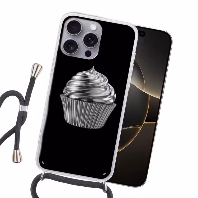 Cupcake - Luxueus - Zilver Hoesje iPhone 16 Pro Max met koord klein -sfeer1