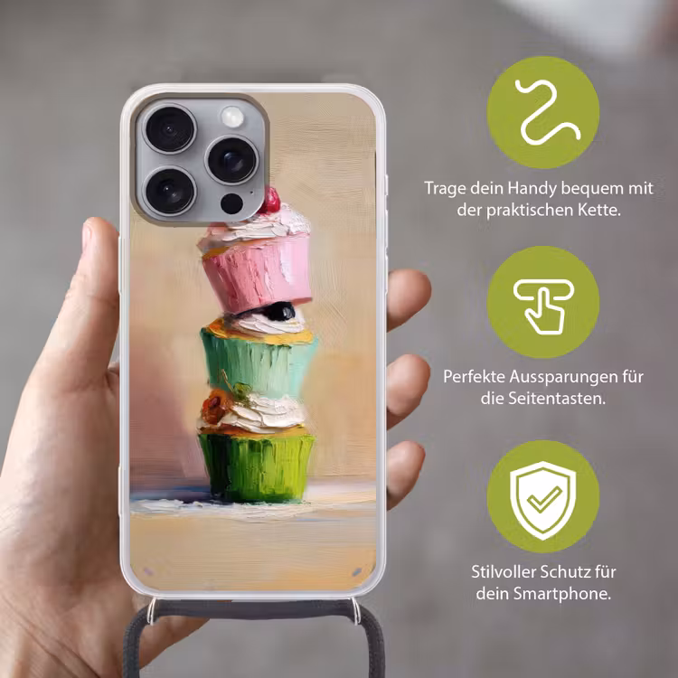 Cupcakes - Gestapeld - Kleurrijk - Fruit Hoesje iPhone 16 Pro Max met koord klein -sfeer2_DE