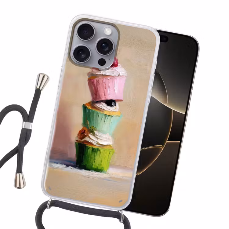 Cupcakes - Gestapeld - Kleurrijk - Fruit Hoesje iPhone 16 Pro Max met koord klein -sfeer1