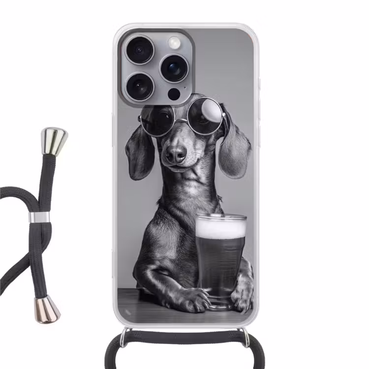Teckel - Bier - Glas - Bril Hoesje iPhone 16 Pro Max met koord klein -3d