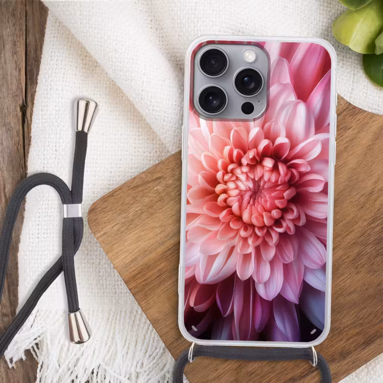 Dahlia - Bloem - Close up - Roze Hoesje iPhone 16 Pro Max met koord klein -sfeer4