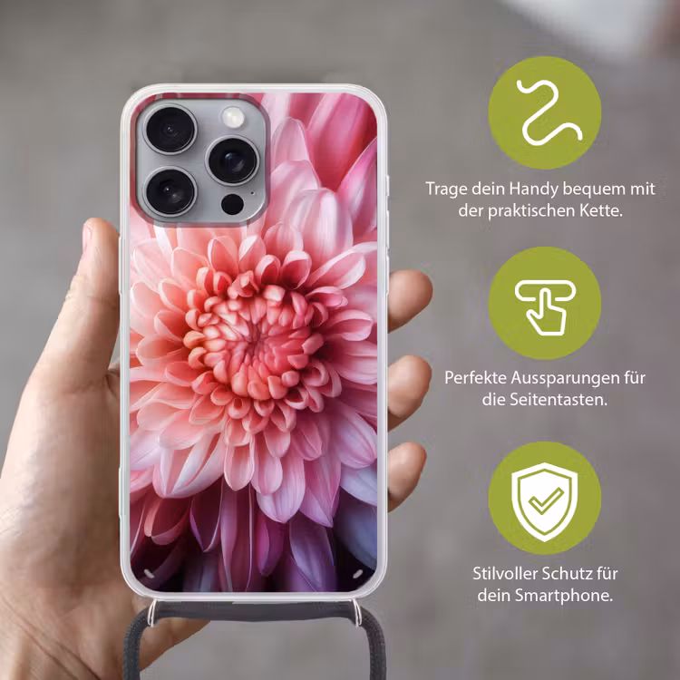 Dahlia - Bloem - Close up - Roze Hoesje iPhone 16 Pro Max met koord klein -sfeer2_DE