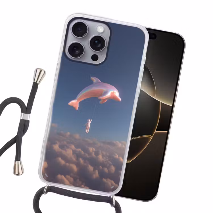Dolfijn - Roze - Astronaut Hoesje iPhone 16 Pro Max met koord klein -sfeer1
