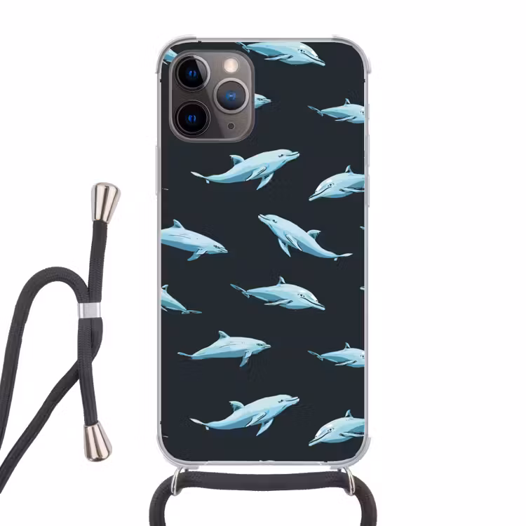 Dolfijnen - Patroon - Blauw - Grijs Hoesje iPhone 12 Pro met koord klein -3d