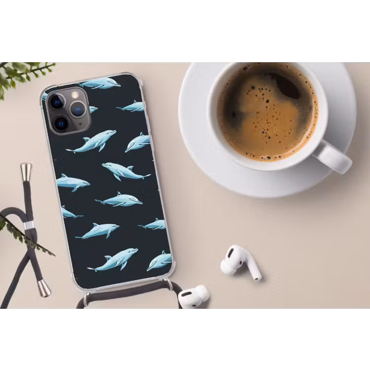 Dolfijnen - Patroon - Blauw - Grijs Hoesje iPhone 12 Pro met koord klein -oordop