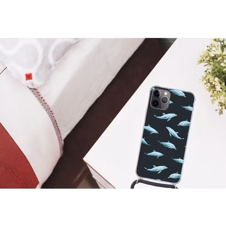 Dolfijnen - Patroon - Blauw - Grijs Hoesje iPhone 12 Pro met koord klein -kamer