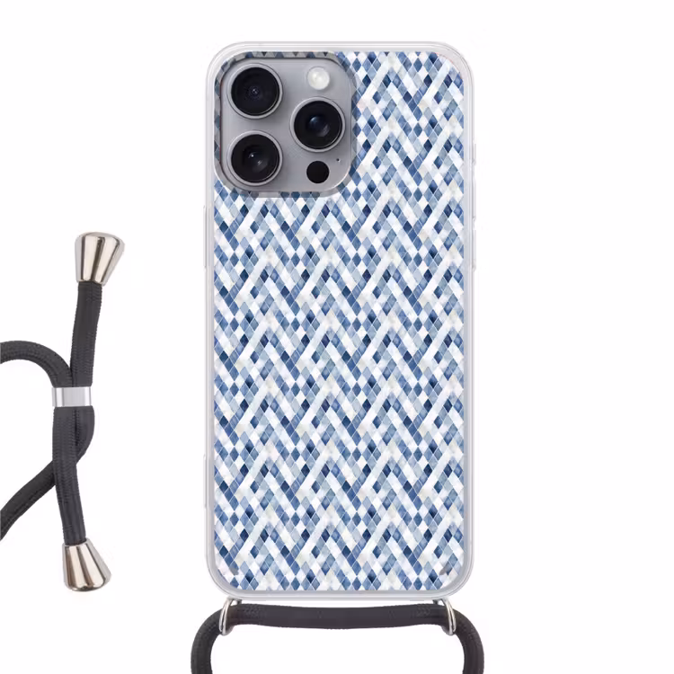 Diamant - Patroon - Blauw - Wit Hoesje iPhone 16 Pro Max met koord klein 804 -3d