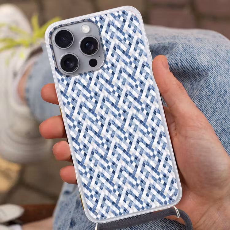 Diamant - Patroon - Blauw - Wit Hoesje iPhone 16 Pro Max met koord klein 804 -sfeer3