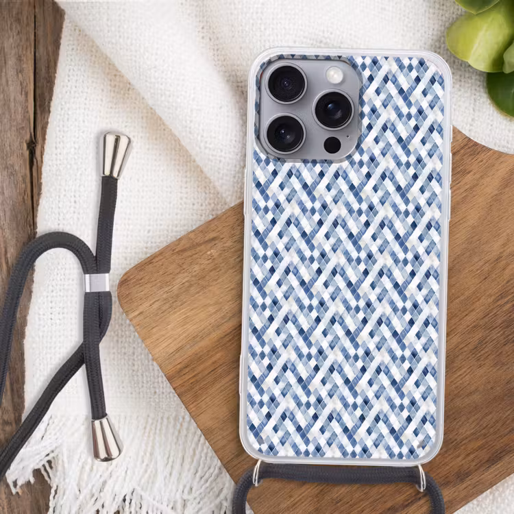 Diamant - Patroon - Blauw - Wit Hoesje iPhone 16 Pro Max met koord klein 804 -sfeer4