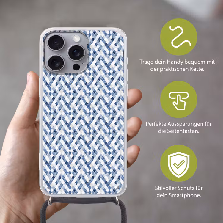 Diamant - Patroon - Blauw - Wit Hoesje iPhone 16 Pro Max met koord klein 804 -sfeer2_DE