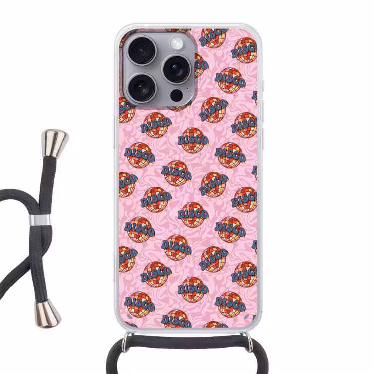 Disco - Bal - Patroon - Roze Hoesje iPhone 16 Pro Max met koord klein 804 -3d