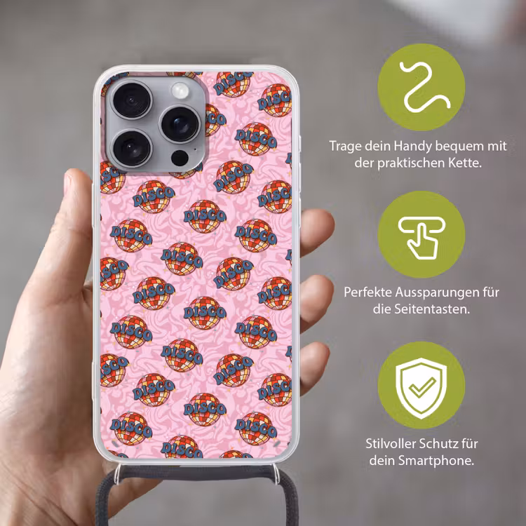 Disco - Bal - Patroon - Roze Hoesje iPhone 16 Pro Max met koord klein 804 -sfeer2_DE