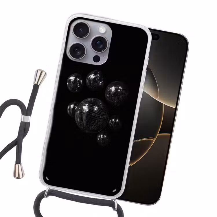 Discoballen - Minimalistisch - Zwart Hoesje iPhone 16 Pro Max met koord klein -sfeer1