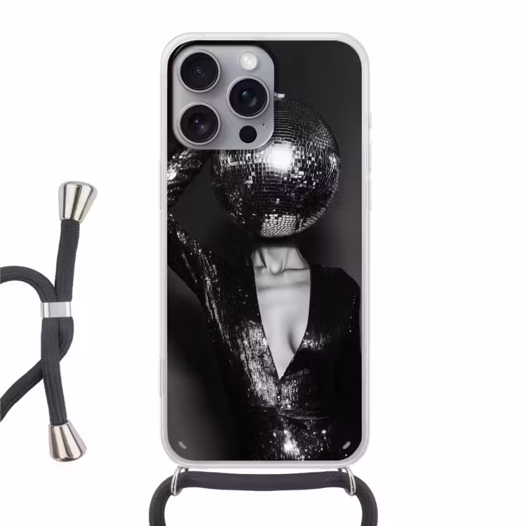 Discobal - Gezicht - Glamour - Zwart Hoesje iPhone 16 Pro Max met koord klein -3d