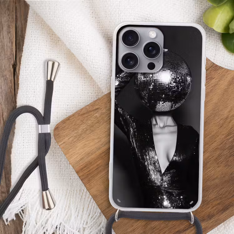 Discobal - Gezicht - Glamour - Zwart Hoesje iPhone 16 Pro Max met koord klein -sfeer4