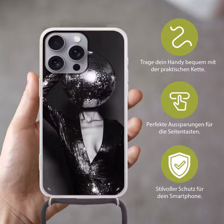 Discobal - Gezicht - Glamour - Zwart Hoesje iPhone 16 Pro Max met koord klein -sfeer2_DE