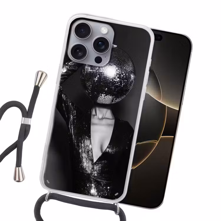 Discobal - Gezicht - Glamour - Zwart Hoesje iPhone 16 Pro Max met koord klein -sfeer1