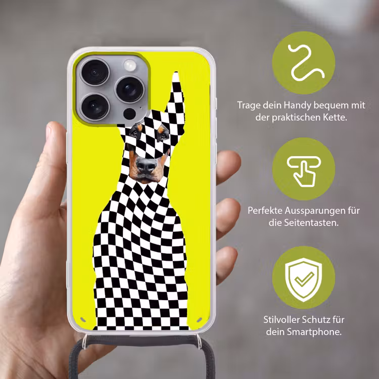 Dobermann - Geblokt - Geel Hoesje iPhone 16 Pro Max met koord klein -sfeer2_DE