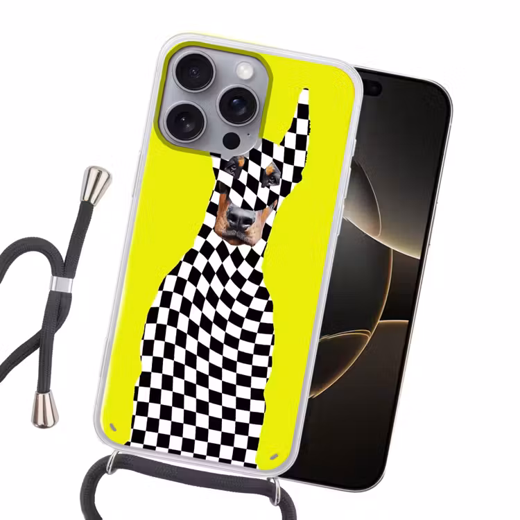 Dobermann - Geblokt - Geel Hoesje iPhone 16 Pro Max met koord klein -sfeer1