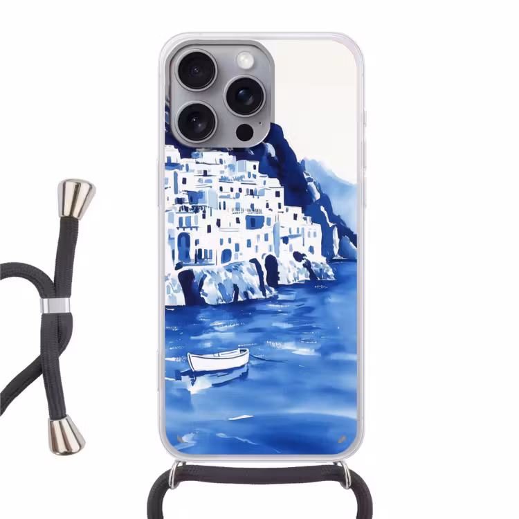 Dorp - Rotswand - Roeiboot - Water Hoesje iPhone 16 Pro Max met koord klein -3d