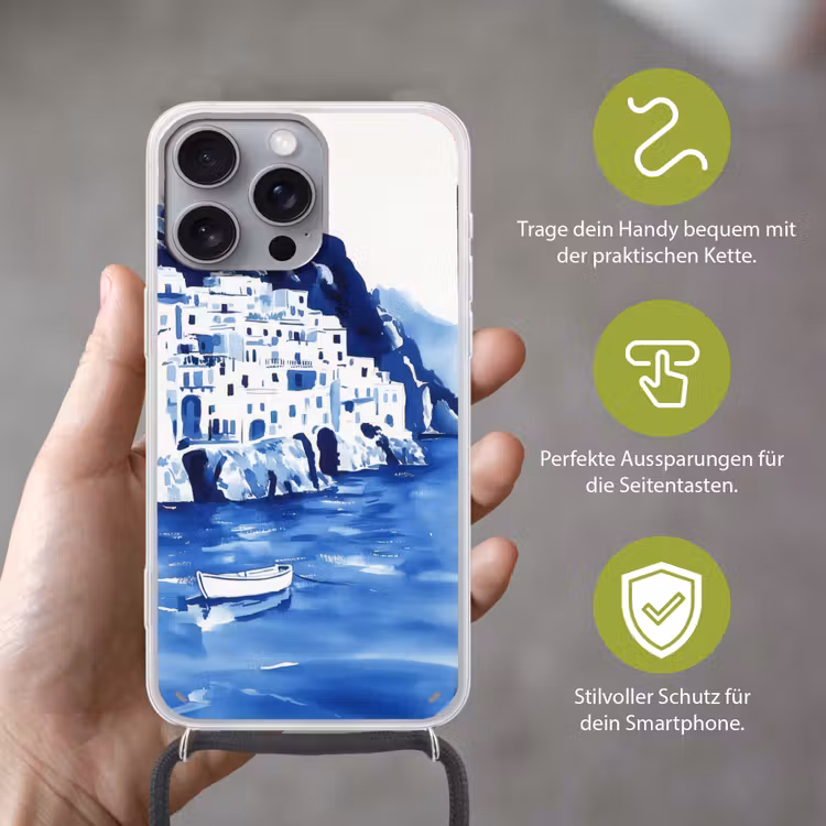 Dorp - Rotswand - Roeiboot - Water Hoesje iPhone 16 Pro Max met koord klein -sfeer2_DE
