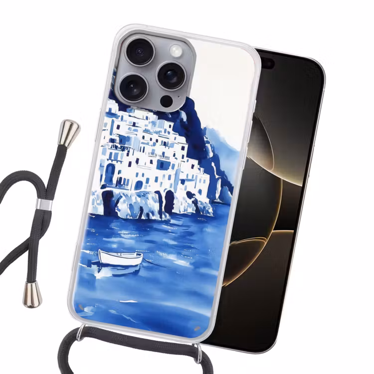 Dorp - Rotswand - Roeiboot - Water Hoesje iPhone 16 Pro Max met koord klein -sfeer1