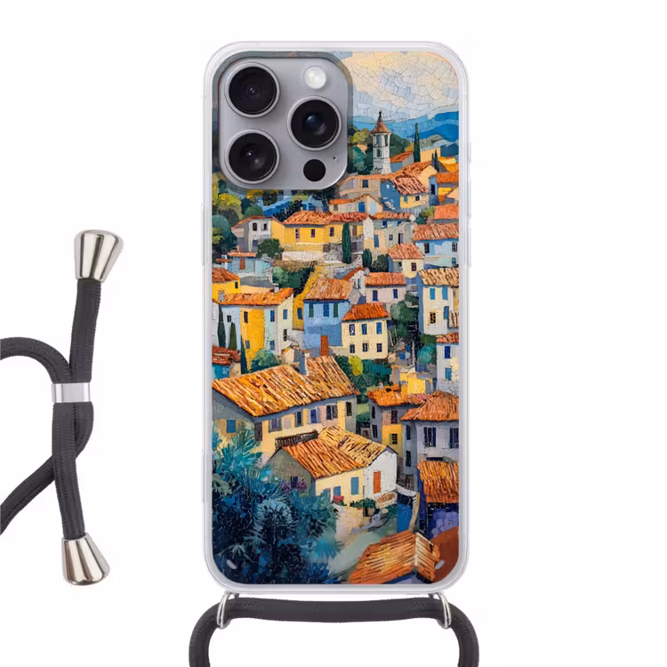 Dorp - Heuvels - Landschap - Bomen Hoesje iPhone 16 Pro Max met koord klein -3d