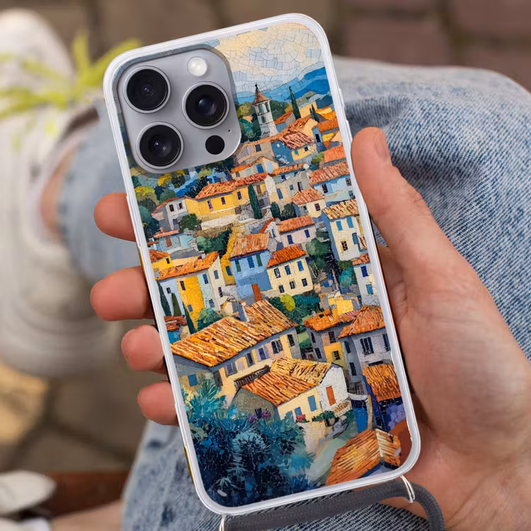 Dorp - Heuvels - Landschap - Bomen Hoesje iPhone 16 Pro Max met koord klein -sfeer3