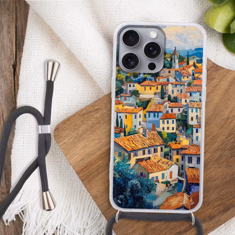 Dorp - Heuvels - Landschap - Bomen Hoesje iPhone 16 Pro Max met koord klein -sfeer4