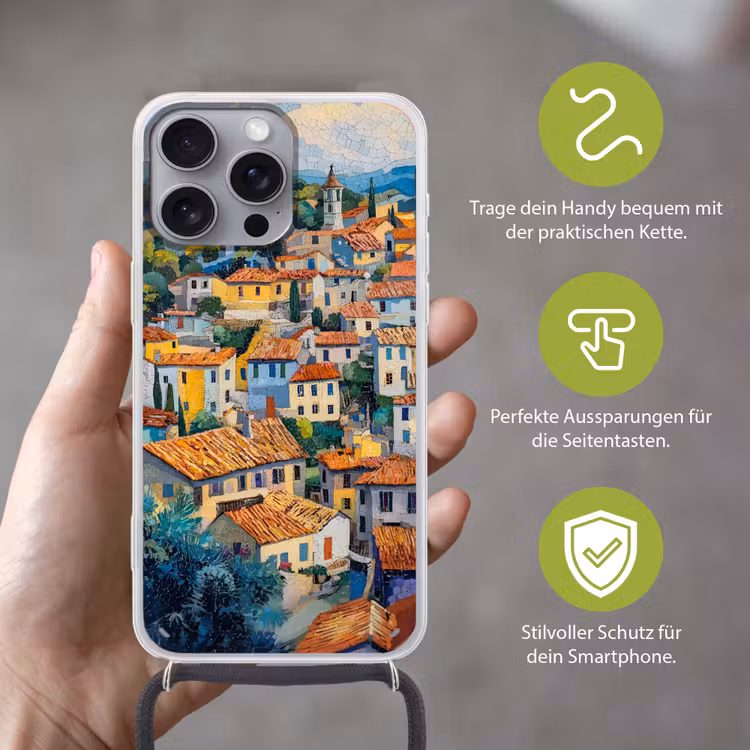 Dorp - Heuvels - Landschap - Bomen Hoesje iPhone 16 Pro Max met koord klein -sfeer2_DE